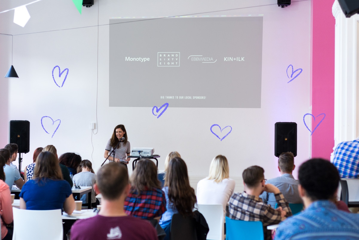 Sarah Burley presenting a CreativeMornings/Cardiff